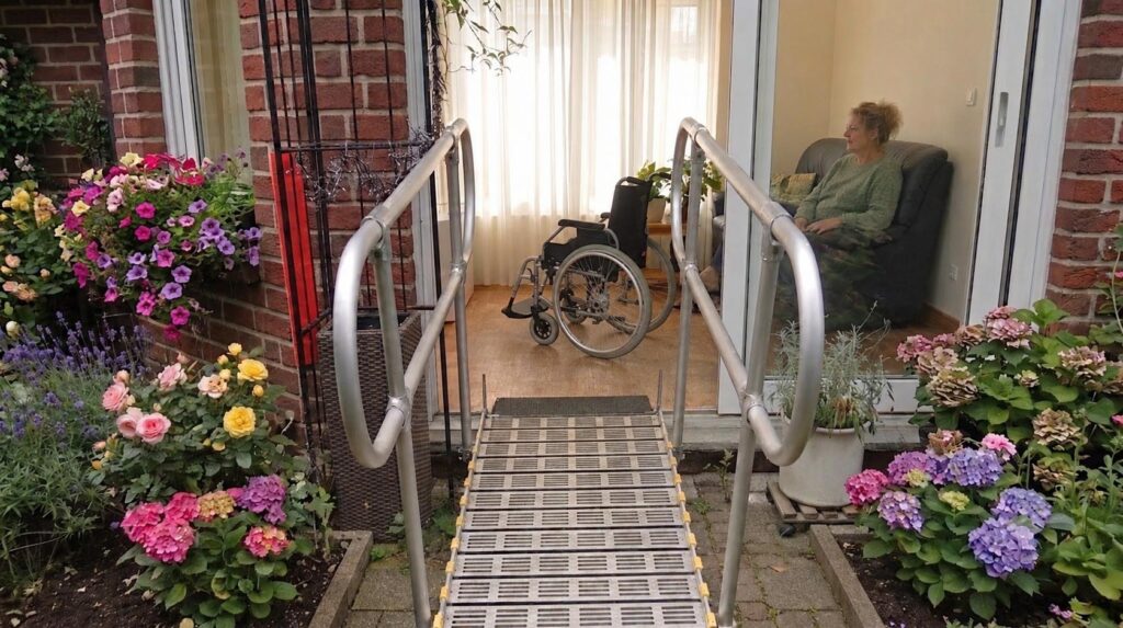 Barrierefreie Rollstuhlrampe - Klapp-Brücke im Garten mit Handlauf